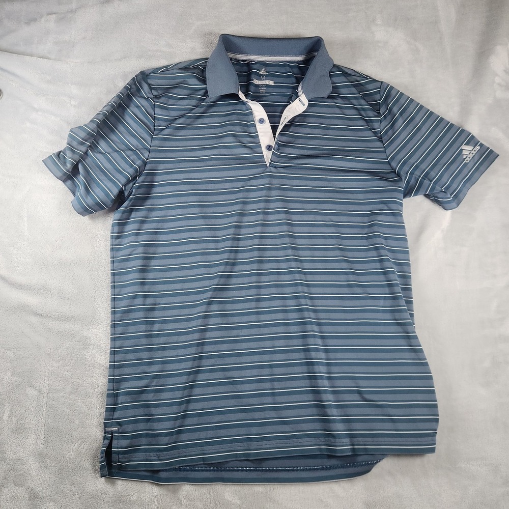 Adidas‎ ClimaLite Mens Medium Blue Striped Golf Shirt Athletic Performance Polo